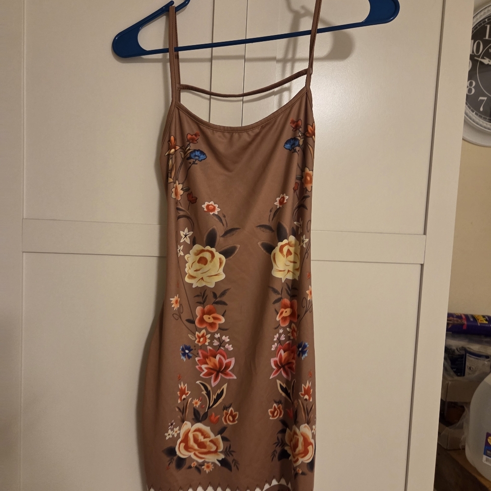 SHEIN Floral Embroidered Slip Dress - Brown and Multicolor